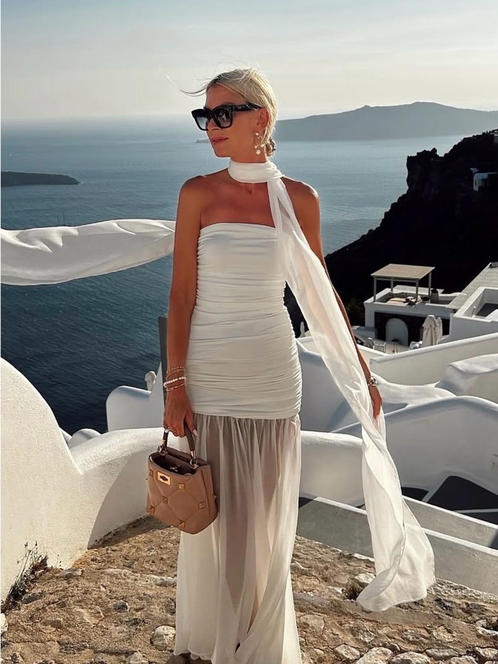 Elegant Strapless White Maxi Dress with Sheer Skirt and Long Scarf